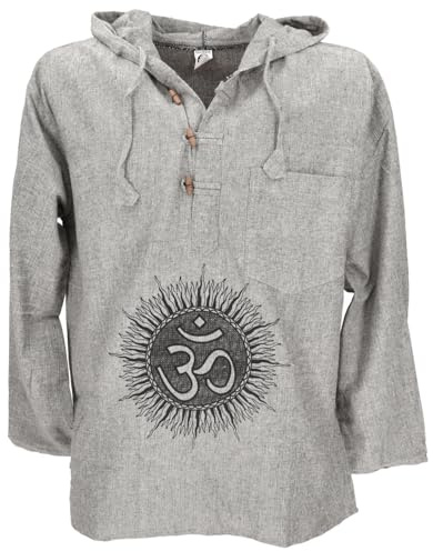 Yoga Hemd, Goa Hemd Om, Sweatshirt aus Baumwolle, Herren, rot | Langärmlig, normale Passform, mit Knopfleiste und Kapuze, praktische Taschen, handgefertigte Holzknöpfe.