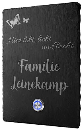 Personalisierte Schiefer Türklingel mit Wunschtext und Motiven - Klingel Modell Leinekamp 13x19 cm | Große Klingelschilder aus Naturstein Schiefer - Mit Premium Klingelknopf