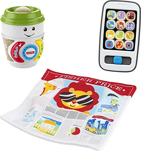 Fisher-Price Laugh & Learn Babyspielzeug Morgenroutine Geschenkset mit Smartphone und Kaffeetasse, Beißring, Rassel und Knisterzeitung (Amazon Exclusive)