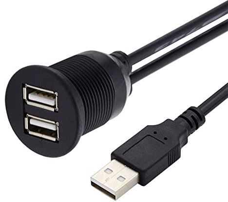 Cablecc Waterproof Dustproof 480Mbps USB2.0 Type-A Male to Dual Female Hub Extension Data Power Cable Car Panel Mount Design 1m