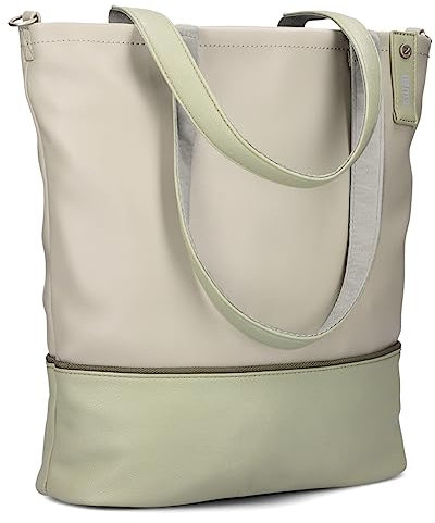 Zwei Damen Shopper JANA J145 Tote Bag 10 Liter, Bicolor Einkaufstasche im Canvas-Stil, weiches Kunstleder, Laptopfach, Schlüsselband, Reißverschluss-Fach, zusätzlicher langer Umhängegurt (jade)