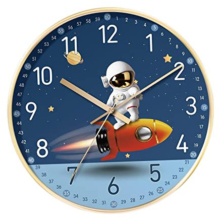 perfk Kreative -Wanduhr, leise, Rahmen, analoge, Nicht tickende Uhr, 20,3 cm, für Büro, Kinderzimmer, Schlafzimmer, Kinder, Astronautenrakete