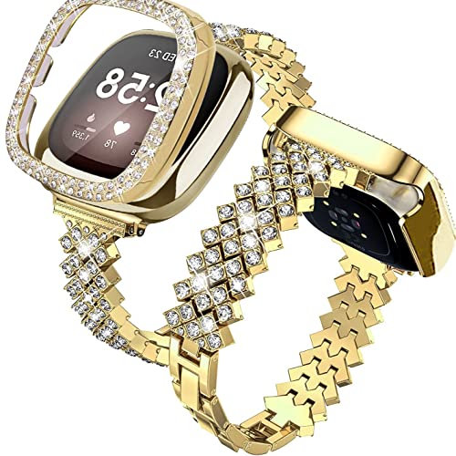 Bling Uhrenarmband kompatibel mit Fitbit Versa 3/Fitbit Sense für Frauen, verstellbares Armband aus Kristalllegierung, Strass, Edelstahl, Ersatz für Fitbit Sense/Versa 3 (Gold, Versa 4/Sense 2)