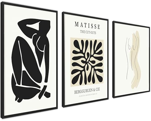 ag.art deco 3er Set Poster 21x30cm Ohne Rahmen Wanddeko Wohnzimmer Flur | Moderne Stilvolle beige und schwarze Matisse-Postercollagen mit passenden Bildern als Wanddekoration, Ideal als Geschenk