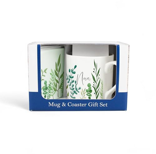 Nan Mug & Coaster Gift Set - Green Leaves & Foliage Indoor Plants Bone China Mug and Glass Coaster Set - Tea/Coffee Present for Mothers Day