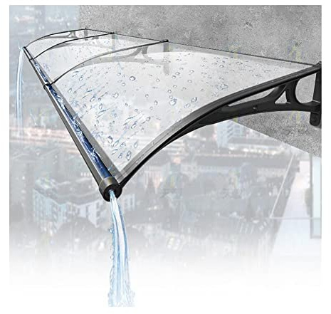 Fensterüberdachung mit Regenrinne, Außenmarkise, Wasser- und regenbeständig, Terrassenüberdachung, Unterstand, UV-Schutz, Hohlblech mit Metallbeschlägen, Farbe: transparent, G