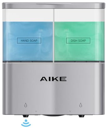 AIKE Distributeur de Savon Automatique Mural, 2 x 320 ML Distributeur de Gel Douche Mural, Distributeur de Liquide Vaisselle pour Cuisine, sans Perçage, Adapté aux Cuisines et salles de Bains