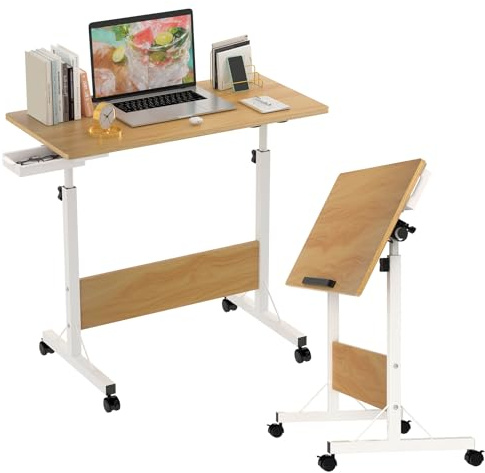 OXFENSEE Klappbarer Schreibtisch, 80 x 40 cm, Klapptisch auf Rollen, Beistelltisch höhenverstellbar 65,5 – 88 cm, Schreibtisch, faltbar, Kleiner Computerraum, für Schlafzimmer, Wohnzimmer (Holz)