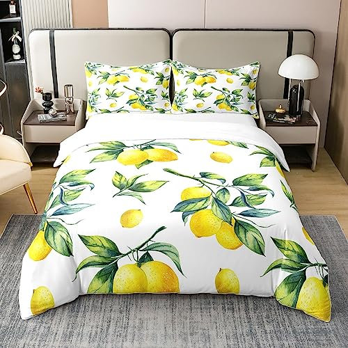 Loussiesd Zitrone 100% Baumwolle Bettwäsche Set 155x220cm Botanical Lemon Muster Betten Set Raum Dekorative Tropische Früchte Bettbezug Set Baumwolle für Schlafzimmer Gelb Grün Bettwäsche-Set