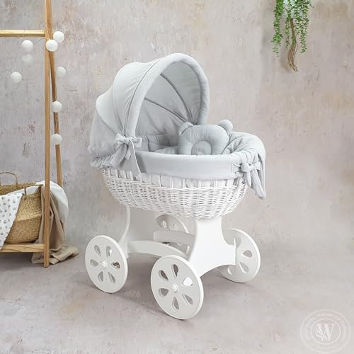Wiklinopol Stubenwagen, Moseskorb Baby mit Gestell Annabell – Bollerwagen mit Rollen aus Naturweide – inkl. Matratze & 5-TLG. Hellgrau Musselin-Bettwäsche – Korb: Weiß
