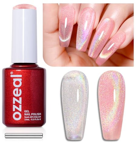 Ozzeal Cat Eye Gel Nail Polish,0.5 Fl Oz Rainbow Magnetic Gel Nail Polish Spring Summer UV LED Holographic Glitter Gel Nail Polish Iridescent Shimmer Sparkle Gel Polish Nail Art Manicure
