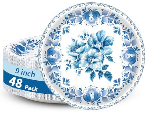 YTYOTO 48 Pcs Blue and White Paper Plates, Blue Floral Paper Plates, Blue Paper Plates for Family Dinner Parties, Birthday Parties, Weddings (9 Inches)
