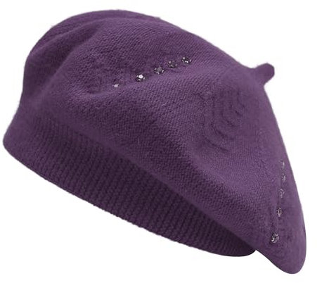 ZLYC Damen Baskenmütze Klassische Französischen Barett Einfarbig Warm Beret(Strasssteine Violett),Einheitsgröße