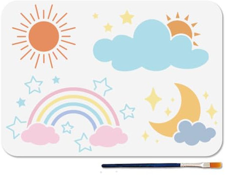 MAYJOYDIY Regenbogen Schablone Wolken Mond Vorlage 29.7×21cm Naturwetter Wiederverwendbare Kunststoff Schablonen Zum Malen Mit Pinsel Sonnen Stern Schablonen Für Holz Wände Fenster Heimwerkerarbeiten