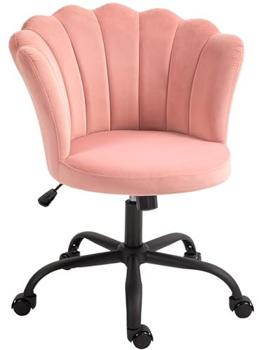 HOMCOM Sedia da Ufficio con Schienale a Petalo, Poltrona da Ufficio Senza Braccioli con Altezza Regolabile, Ruote e Seduta Girevole in Velluto, 69x64x80-90 cm, Rosa