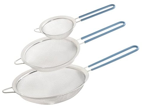 Wiltshire Set of 3 Sieves, Stainless Steel Fine Wire Mesh Strainer with Non-Slip Silicone Coated Handle, Colander & Sifter, Sift Strain Drain & Rinse, 10cm 15cm & 20cm, Dishwasher Safe, Petrol Blue