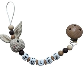 Attache tétine lapin rose bois et crochet