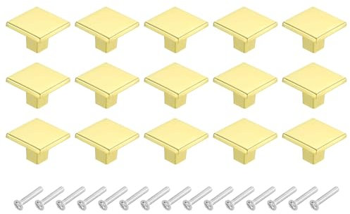 sourcing map 15Pcs Square Cabinet Knobs, 1.2 Inch Square Kitchen Cabinet Knob Aluminum Alloy Solid Drawer Knob Handle Pulls for Kitchen Cabinets Bedroom Dresser Wardrobe, Gold