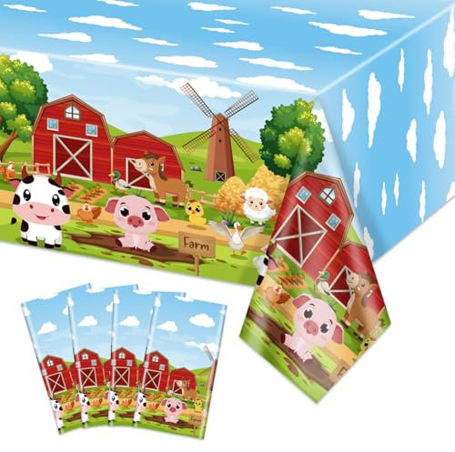 APUXXJUPA 4 Stück Bauernhoftier-Tischdecken, 130 x 220 cm, Bauernhaus-Tischdecke für Kinder, Picknick, Bauernhof-Thema, Geburtstagsdekorationen, Babyparty
