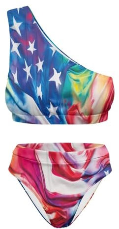 POLERO Joli maillot de bain pour femme, ensemble bikini deux pièces, maillot de bain une épaule, drapeau des usa, M