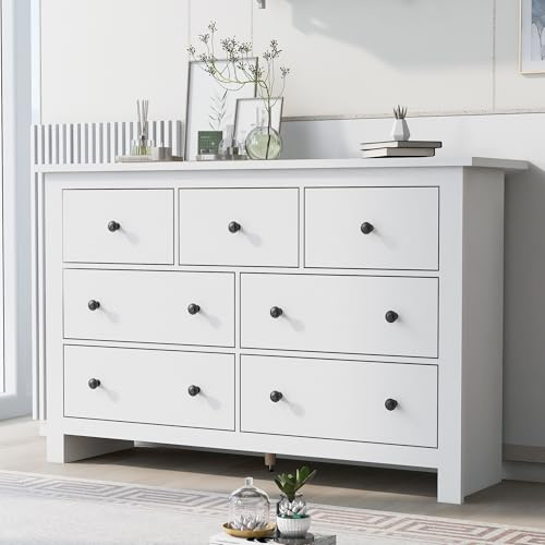 Huayz Moderne Große Kapazität Esszimmer Schrank mit Mehreren Schubladen Buffet, Kaffee Bar Schrank mit 7 Schubladen für Eingang, Küche, Esszimmer und Wohnzimmer, 152x40x89cm (Weiß)