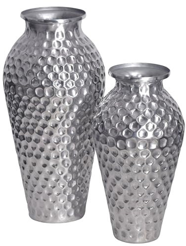 Wohnling Deko Vase 2er Set Aluminium Silber Amphore Blumenvase Modern, Dekovase Rund 2-teilig für Blumen, Alu Tischvase Wohndeko Metall Tischdeko Handgefertigt
