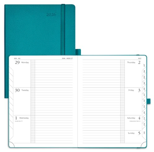 POPRUN A5-Terminplaner 2026, Wochenansicht (22 x 16,5 cm), fester Einband, Terminkalender, horizontaler Wochenplaner, 26, Innentasche, 100 g/m² Papier (Pazifikgrün)