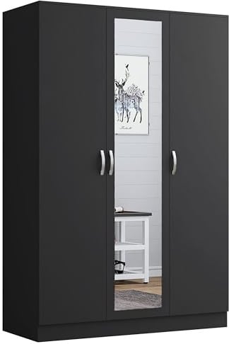 Nera 3 Door Wardrobe with Mirror Shelves and Hanging Rail Tall Wardrobes for Bedrooms Storage (Black)