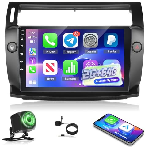 NHOPEEW Radio para coche 2G+64G para Citroën C4 2004-2009/C-QUATRE 2008-2011 - Carplay inalámbrico y Android Auto - Radio Carplay de 9 pulgadas con WiFi, ecualizador, GPS, cámara de visión trasera AHD