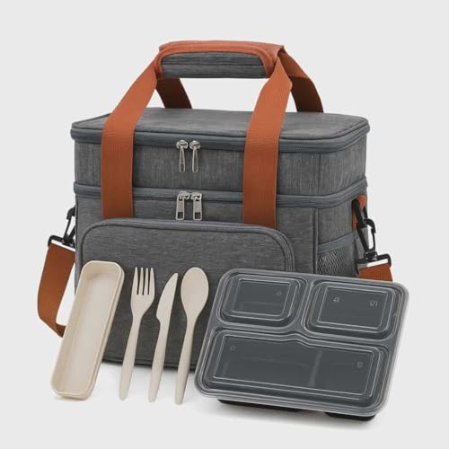 6-Piece Lunch Bag Kit with Cutlery and Lunch Box – Insulated Grey Cooler Bag with Knife, Fork, Spoon, Storage Case & Meal Container for Work, School, and Travel