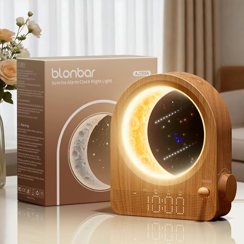 blonbar Sveglia e lampada lunare, lampada da comodino con sveglia luminosa, sveglia diurna, luce notturna con 3 livelli di luminosità, 10 suoni naturali, ideale per camera da letto