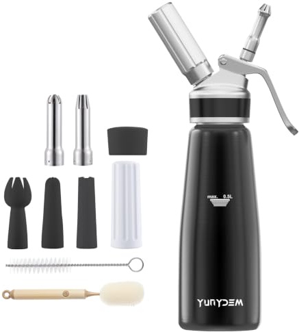 YUNYDSM Sahnespender 500ml Aluminium – mit 6 Düsen & 2 Bürsten | 500ml Sahnespender aus Aluminium–Profi-Siphon mit 3 Edelstahl-&3 Kunststoffdüsen,2 Reinigungsbürsten