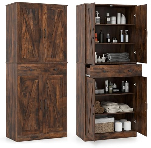 COSTWAY Alacena de Cocina, Despensa de Cocina con 4 Puertas, Cajón de Almacenaje y 3 Estantes Ajustables en 5 Posiciones, Armario Versátil con 2 Juegos Antivuelco para Salón, Comedor (Marrón Rustico)