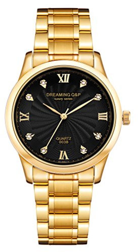 DREAMING Q&P Analog Quarz Herren Uhr mit Goldene Edelstahl Armband Schwarz MW003B