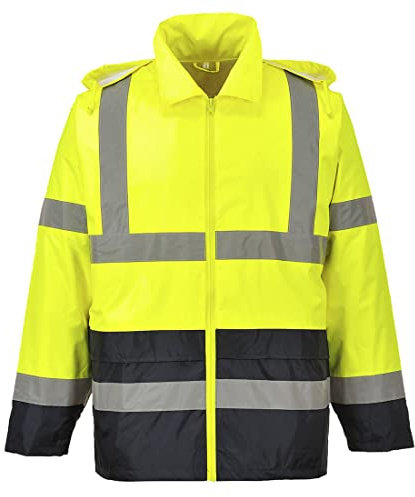 Portwest H443 Klassische Kontrast Warnschutz-Regenjacke 2 Taschen Winddicht | Gelb/Schwarz, S, EN ISO 20471, EN 343 Klasse 4:1, UPF 50+, Polyester Leicht, 100% Polyester, Belüftete Rückenpasse und Ösen