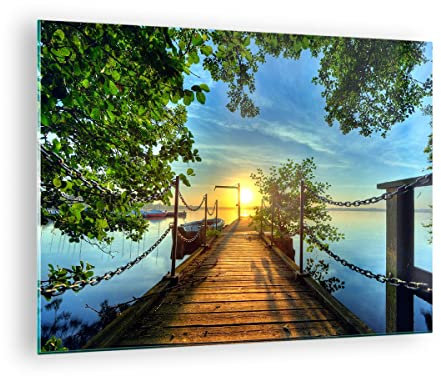 Moderne Impression sur Verre Lac coucher de soleil bateau paysage Image Tableau en Verre Decoration Murale 70x50cm Deco Salon Chambre Horizontal Petit Tableaux Decoratifs Muraux Art GAA70x50-2573