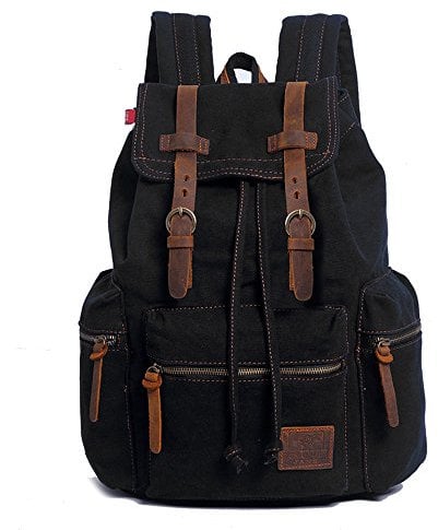 YUHAN Canvas-Rucksack, Unisex, Vintage, lässiger Rucksack, Laptop, Tagesrucksack, MacBook-Tasche, Schultasche, Studentententasche, Büchertasche, Schultasche, Wandern, Camping, Schwarz , Mediam