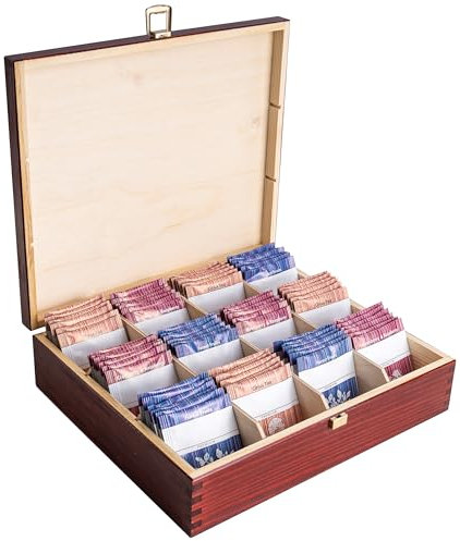 Creative Deco Boite a The en Bois Rouge | Boite de Rangement Sachet | 29 x 25 x 7,5 cm | 12 Compartiments | Boîte à Thé | Diviseurs Amovibles | Rangement Cuisine