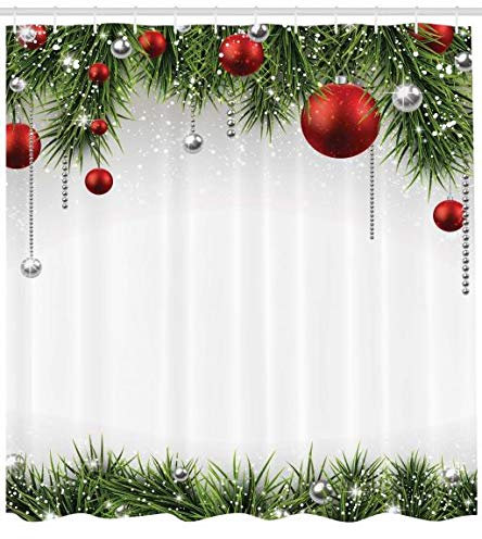 ABAKUHAUS Natale Tenda da Doccia, Albero Balls Ornamenti, Tessuto Set di Decorazioni per il Bagno con Ganci, per la vasca da bagno, 175 cm x 200 cm, verde Rosso