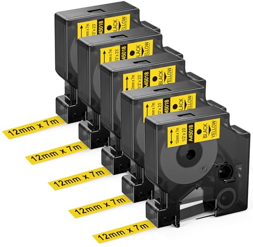 Upwinning 45018 12mm x 7m Kompatibel mit Dymo D1 Etikettenband Gelb 45018 S0720580, als Ersatz für D1 Etikettenband 12mm Schwarz auf Gelb für Dymo LabelManager 160 210D 260P 280 360D 420 640CB, 5x