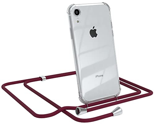 EAZY CASE Handykette kompatibel mit iPhone XR Handyhülle mit Umhängeband, Handykordel mit Schutzhülle, Silikonhülle, Hülle mit Band, Stylische Kette für Smartphones, Burgunder Rot