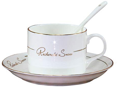 LKMY Teetasse / Kaffeetasse aus feinem Porzellan, mit Untertasse und Löffel, europäischer Goldrand, fein mit Geschenkbox (Zi mu)