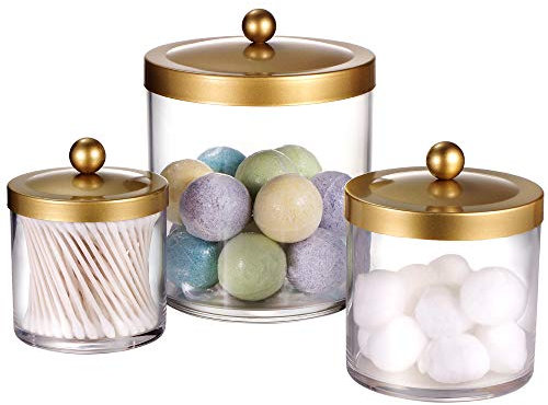 SheeChung Premium Quality Apothecary Jars - Clear Plastic Jars with Rust Proof Stainless Steel Lids - Bathroom Vanity Countertop Storage Organizer Canister Holder House Decor | Set of 3 (Gold)