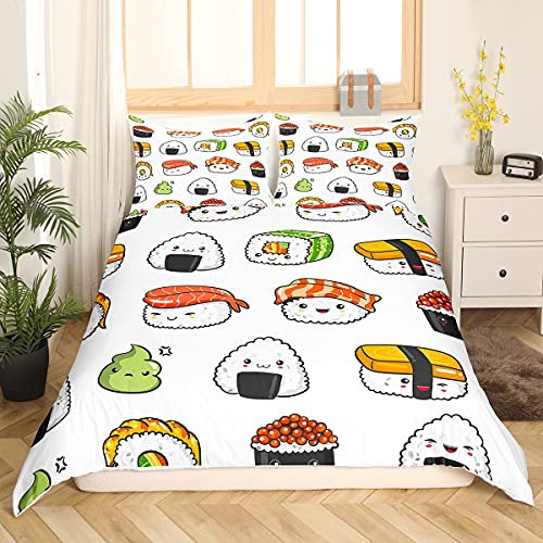 Loussiesd Sushi Muster Bettbezug Set Japanischer Stil Bettwäsche Set 135x200cm für Kinder Jungen Mädchen Teenager Essen Thema Betten Set Niedlicher Cartoon Japanisches Sushi Raumdekor
