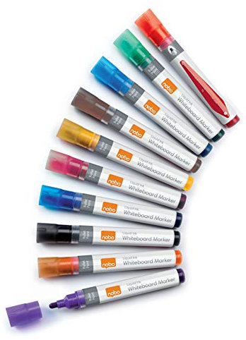 Nobo Liquid Ink Whiteboardmarker-Set, 10 Stück, Feine 3 mm Rundspitze, Mehrfarbig, 1915381