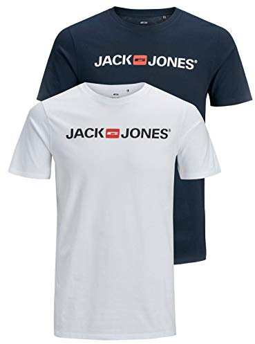JACK & JONES Men's JJECORP Logo TEE SS Crew Neck, White/2-PACK W. Navy Blazer/RE, XXXL