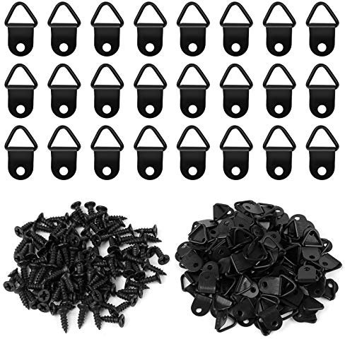 Jubaopen 100PCS Triangle Rings Picture Hanging Holder Canvas Hook Wall Bracket D Ring Frame Hooks Fixings Picture Eyelets with 100PCS Screws for Photo Frame Paintings Artwork Mirrors(Black)