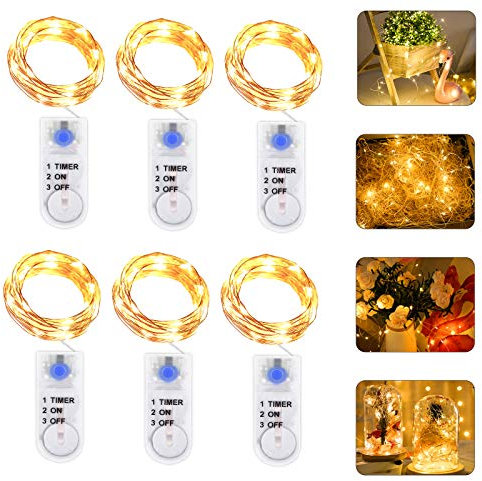 6 Stück Micro LED Lichterkette mit Batterie, 2 Meter 20er Micro Lichterkette außen Batterie, IP65 Wasserdicht Drahtlichterkette für Party, Weihnachten, Halloween, Hochzeit (Warmweiß+Timer)