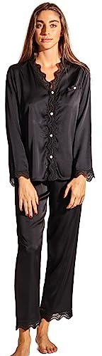 Laura in - Pigiama da Donna in Seta Raso, 2 Pezzi Camicia con Bottoni e Pantaloni Lunghi in Pizzo qualità Extra.NeroS1403