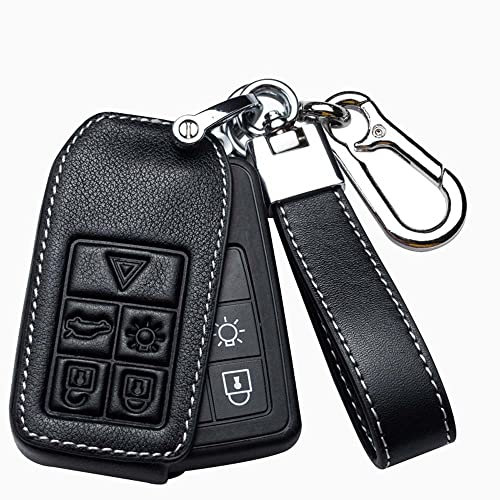 HIBEYO Smart Autoschlüssel Hülle passt für Volvo Schutzhülle Schlüsselhülle Cover Leder Passt für Volvo V40 V60 V70 V90 S80 XC60 XC70 T3 T4 T5 S60L S80L Funkschlüssel Schlüsselbun-5Tasten Schwarz